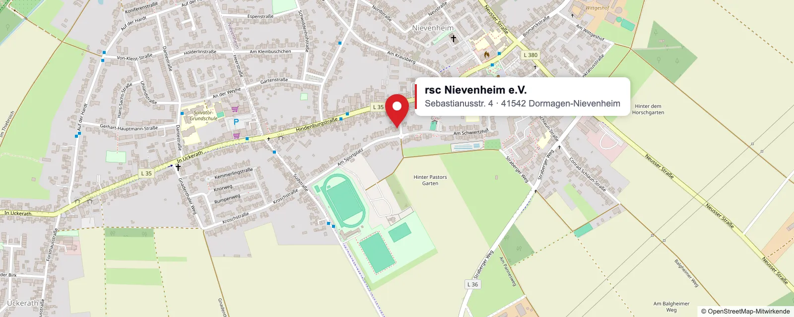 Karte: Vereinsadresse rsc Nievenheim e.V., Sebastianusstraße 4, 41542 Dormagen-Nievenheim